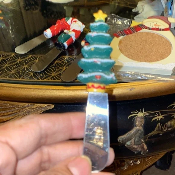 Vintage Christmas Cheese Knives 4 Wooden Painted Snowman Coaster Set 6 w/Holder - Picture 8 of 8